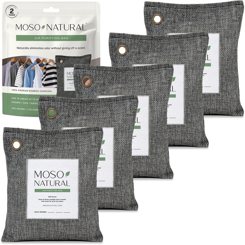 Moso Natural Air Purifying Bag 200g (5 Pack) HGTV Editor's Pick | Premium Bamboo Charcoal Odor Absorber for Home & Car | Closet Odor Eliminator & Car Air Freshener | Long Lasting Charcoal Bags - Image 1
